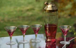 Vintage Mid Century Pink & Gold Martini Cocktail Shaker With Matching Glasses