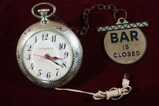 Vintage Spartus Backwards Run Bar Clock Pocket Watch Open Closed Sign 1960