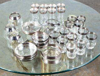 Mid Century Modern Glassware Barware Dorothy Thorpe Silver Lined 35 Pc Set Mcm