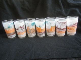 Set Of 7 Vtg California Missions Frosted Glass Tumblers,  Cond,  No Fading