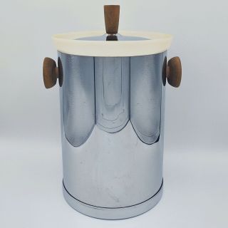 Mid Century Modern Ice Bucket / Retro Barware / Vintage Metal Wooden Handles