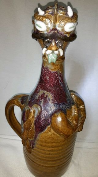 Vintage Dragon Studio Art Pottery Wine Jug Decanter Pitcher Brown Glazed Signed