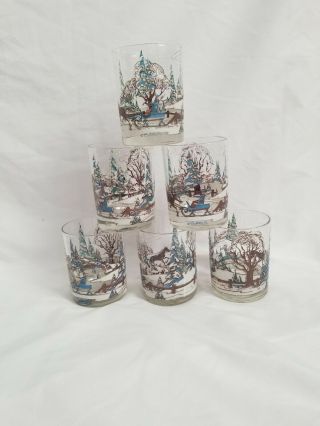 Vintage Culver Old Fashioned Glasses Winter Snow Scene Xmas Trees Sleigh X 6
