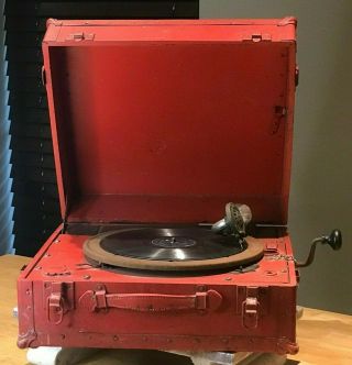 Vtg Large Portable Wind - Up Phonograph Record Player,  For Up To 12 " 78rpm