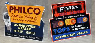 Philco & Fada Radio Authorized Dealer Repairs Radio Stand Up Ad Signs