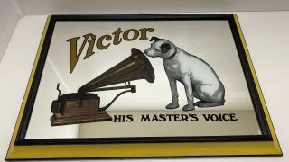 Wood Framed Victor Rca His Masters Voice Mirror Dog Phonograph 21 " X 15 " Vintage