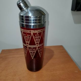 Vintage 30s Art Deco Ruby Red Glass & Chrome Cocktail Shaker Drink Mixer