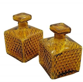 Vintage 2 Amber Cut Glass Diamond Pattern Decanter Liquor Bottle 5 Inch Tall
