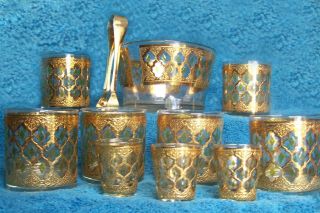 Vintage Culver 22k Gold Gild Drinking Set – Tumblers,  Glasses,  Ice Bowl & Throng