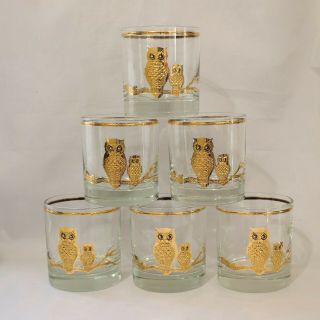 Set 6 Vintage Culver 22kt Gold Owl Low Ball Scotch Rocks Cocktail Glasses
