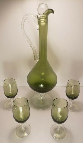 Vintage Mid Century Modern Decanter Set Blown Glass Decanter,  Stopper 4 Glasses.