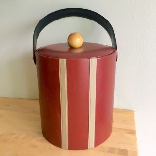 Vintage Mid Century Georges Briard Red Stripe Faux Leather Vinyl Ice Bucket Wood