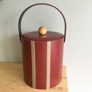 Vintage Mid Century Georges Briard Red Stripe Faux Leather Vinyl Ice Bucket Wood 2