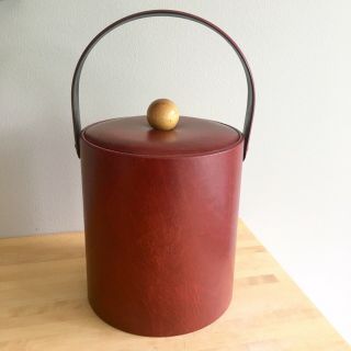 Vintage Mid Century Georges Briard Red Stripe Faux Leather Vinyl Ice Bucket Wood 3