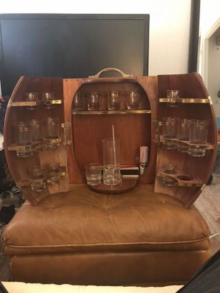 Vtg/antique Mid - Century Travel Bar Set Wood Wine Barrel Case Man Cave Game Room