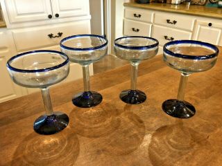 Set 4 Large Vintage Mexican Hand Blown Cobalt Blue Rim Margarita Glasses 7.  25 "