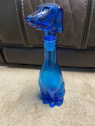 Dachshund Dog - Blue Glass Liquor Decanter / Bottle,  Jumbo Size,  1950 Yrs