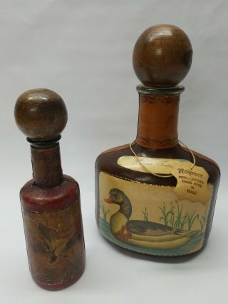 Two Vintage Liquor Glass Bottles,  Leather Wrapped Duck Decorated,  Made In Italy