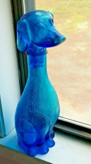 Dachshund Dog - Blue Glass Liquor Decanter / Bottle,  14 ",  1950 Yrs