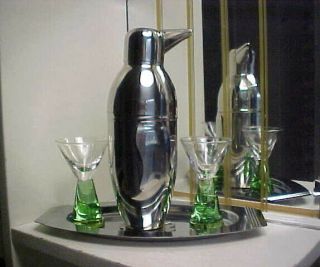 Art Deco Penguin Chrome Cocktail Shaker,  2 Cocktail Glasses & Tray - 4 Pc Total