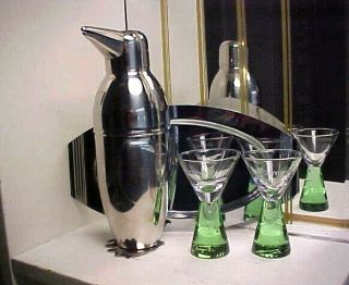 Art Deco Penguin Chrome Cocktail Shaker,  2 Cocktail Glasses & Tray - 4 pc Total 2
