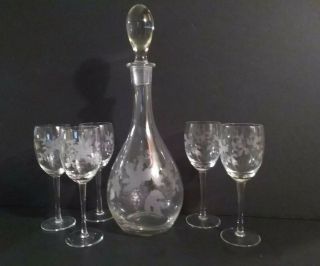 Crystal Decanter Set 5 Wine Goblets Etched Grapes And Leaf Pattern On Each Piece