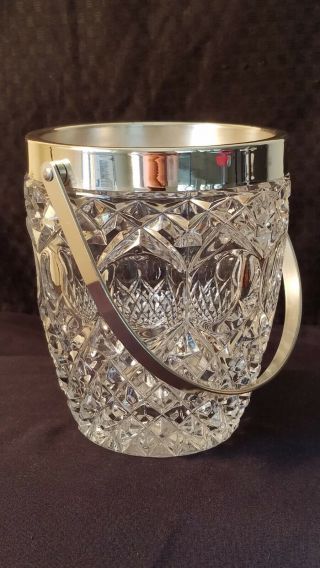 Mid - Century Modern Heavy Clear Crystal Cut Glass Ice Bucket Silver Trim & Handle