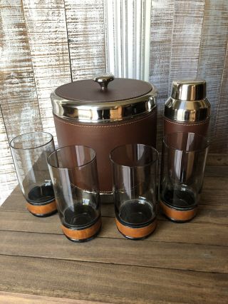 Stainless Steel,  Leather Wrapped,  Ice Bucket,  Shaker Set And 4 Glasses
