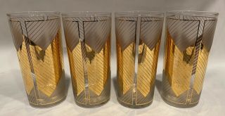 (4) Mid Century Culver 22k Gold Chevron On Frosted White Tom Collins Tumblers.