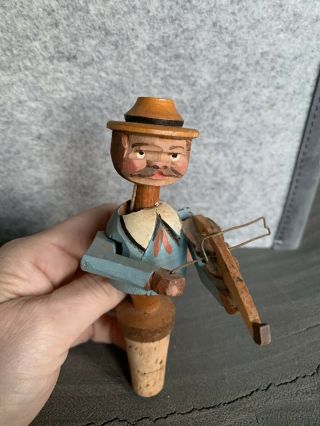 Vintage German Hand Carved Wood Puppet Cork Wine Bottle Stopper Violin Player