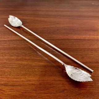 (2) Tiffany & Co Sterling Silver Leaf Pattern Julep Sipper Straws - No Mono