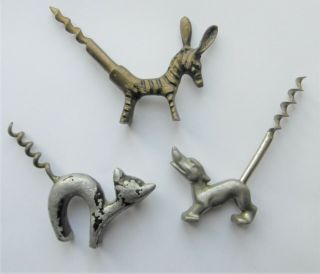 3 Antique Animal Corkscrews - Donkey Bronze - Dog Pewter - Cat Aluminium Ca 1947