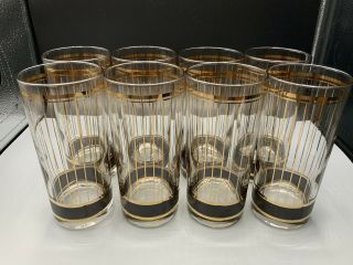 Vtg Mcm 8 Culver Usa Devon Gold Stripes Black Trim Bar Glasses