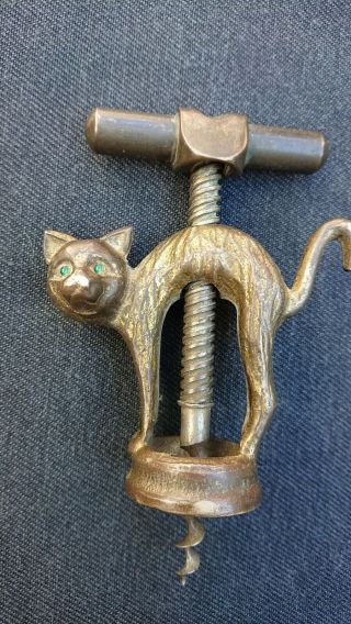 Antique Bronze Figural Cat Corkscrew With Glass/jewel Eyes Made In Germany