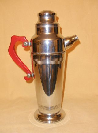 1930 ' s Art Deco Chrome Cocktail Shaker w/ Red Bakelite Handle 3