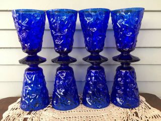 Set Of 8 Vintage Cobalt Blue Dimpled Textured Glasses Goblets 5 1/4 " Tall
