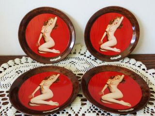 Vintage Marilyn Monroe Nude Red Curtain Coaster Ash Trays.  4 Pc Set.