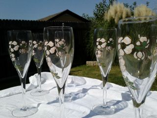 7 Perrier Jouet Champagne Flutes Hand Painted 7 1/2 " Tall