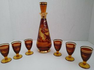 Vintage Mid Century Glass Liquor Decanter Cordial Set Amber Gold.
