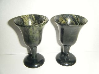 Pair Natural Moss Agate Liquor Cordial Footed Glasses 2.  5in Turned Natural Stone