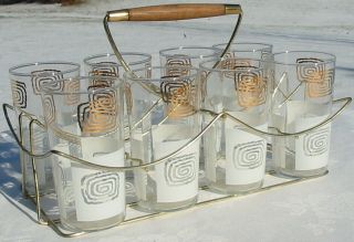 Vtg Frosted Deco Gold Squiggle Tumbler Cocktail Glass Caddy Carrier Bar Set Mcm
