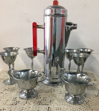 9 Pc Art Deco Stainless Chrome Cocktail Shaker W Red Bakelite Handle & Cups