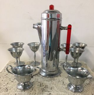 9 Pc Art Deco Stainless Chrome Cocktail Shaker w Red Bakelite Handle & Cups 2