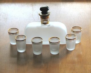 Paden City Glass Betty Mae Satinized Decanter With 6 Shot Glasses - Gold Trim