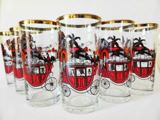 Vintage Old Coach Inn Drinking Glasses Set Of 6 Printed Retro Highball Tumblers