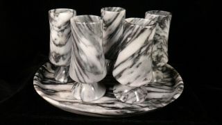 Set Of 5 Onyx Marble Hand Carved Shot Glasses And Tray Shots 3  Tray 6  Long