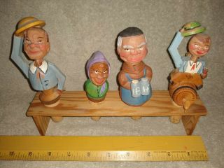 Vintage Set Of Four Wooden Hand Carved Bottle Stoppers,  Two Mechanical