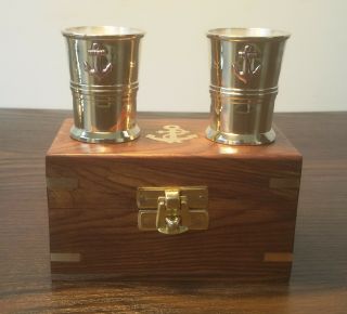 Vintage Nautical Solid Brass Shot Glass With Wood Box For That Special Occasion