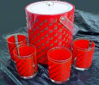 Georges Briard Christmas Ice Bucket Red “patent Leather” Look,  Matching Glasses