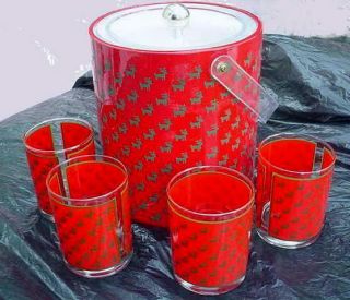 GEORGES BRIARD Christmas ICE BUCKET Red “Patent Leather” Look,  Matching GLASSES 2